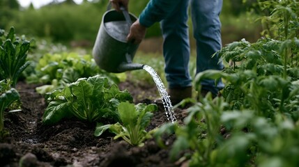 Fototapeta premium A person is watering green leafy vegetables in a garden using a metal watering can on rich soil