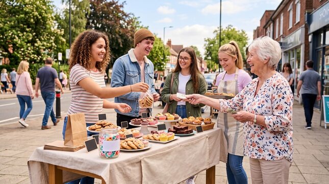 Group of People Selling Baked Goods at a Charity Bake Sale Stall