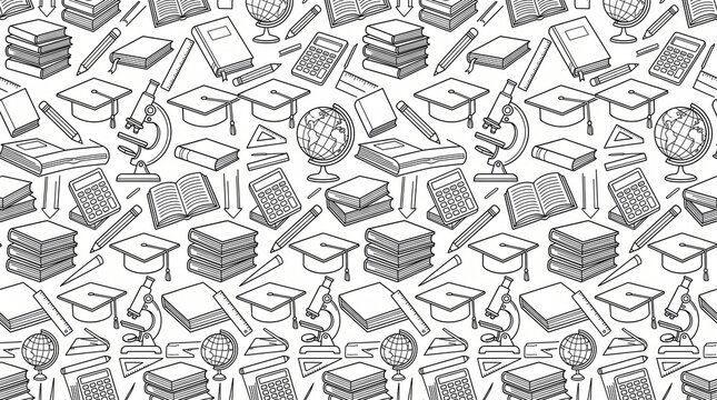 Education pattern with school supplies. Hand drawn sketch of books and academic icons.