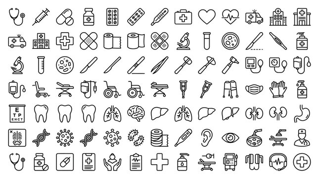 Comprehensive collection of medical and healthcare icons.