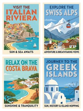 Set of vintage travel posters for popular european destinations
