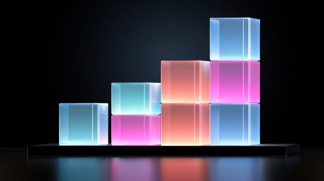 Illuminated translucent cube blocks arranged in ascending staircase formation with vibrant neon colors on black reflective surface representing growth progress concept
