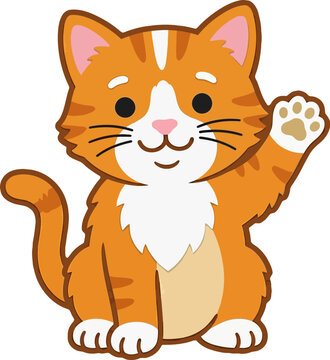 Cute cartoon ginger cat waving hello illustration.