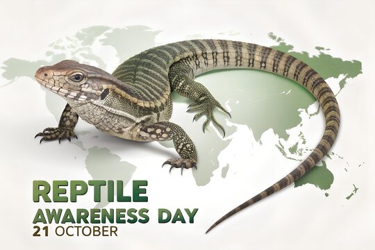 Detailed Argentine black and white tegu lizard standing on a stylized world map background for the annual reptile awareness day celebration featuring textured skin patterns and sharp claws in profile