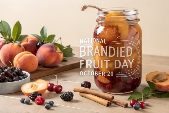 Mason jar filled with delicious brandy soaked peaches and various fresh summer fruits arranged artistically on a rustic wooden table for a national branded fruit day celebration in late autumn