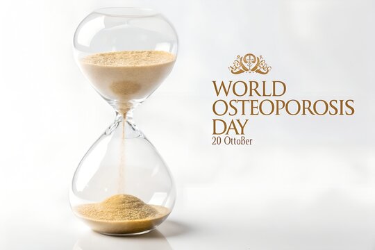 Clear glass hourglass containing golden sand falling steadily with soft shadows on a white background representing the urgent awareness campaign for world osteoporosis day held annually on twentieth o