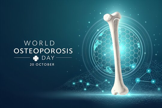 Detailed anatomical human bone structure rendered in a bright white texture against a dark teal digital background featuring glowing scientific honeycomb patterns for the annual world osteoporosis awa
