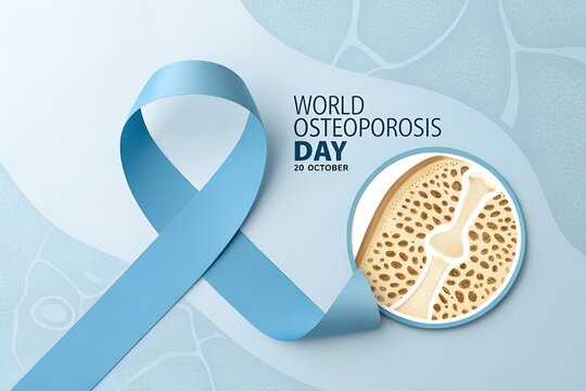 Light blue awareness ribbon featured alongside a magnified cross section of porous human bone tissue to promote education and public health awareness during the annual world osteoporosis day medical e