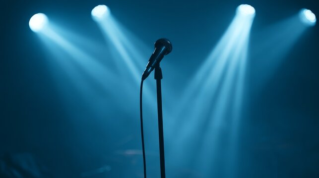 Microphone standing on stage under blue spotlight beams, creating a dramatic concert atmosphere for live performance, soundcheck, music event and professional audio entertainment concept