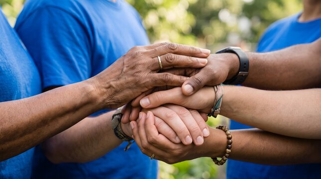 Diverse group of volunteers stacking hands in unity and teamwork outdoors