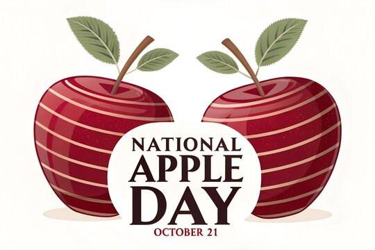 Two delicious glossy red apples with stylized horizontal lines and green leaves displayed prominently for national apple day celebration on october twenty first featuring a clean and elegant white bac