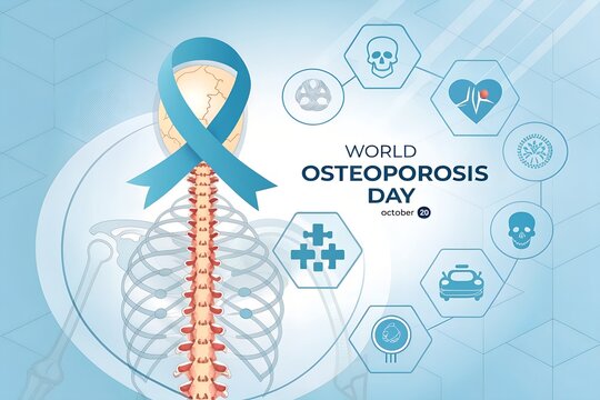 World osteoporosis day medical awareness concept featuring a stylized human skeletal spine and skull decorated with a blue ribbon icon set against a light blue professional digital background illustra