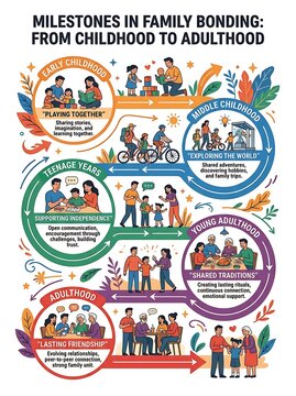 Family bonding milestones from early childhood to adulthood infographic