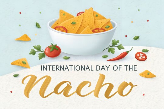 Delicious crunchy golden corn tortilla nacho chips served inside a clean white ceramic bowl with fresh red tomato slices and spicy chili peppers for a festive international food holiday celebration.