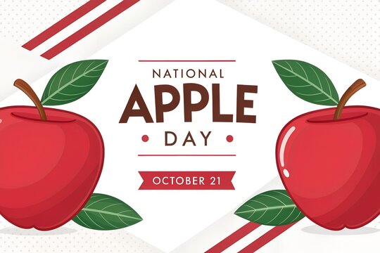National apple day celebration poster featuring two vibrant red apples with green leaves on a white background with decorative stripes and text celebrating the annual event held on october twenty firs
