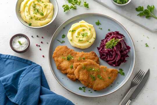 Golden crispy breaded pork schnitzel served on a grey ceramic plate with creamy mashed potatoes and vibrant red cabbage garnish captured from a high angle view in natural daylight studio lighting