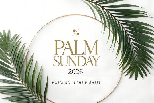 Elegant palm sunday greeting card design featuring a golden circular frame and realistic lush green palm leaves on a clean white background for a beautiful religious celebration in the year 2026