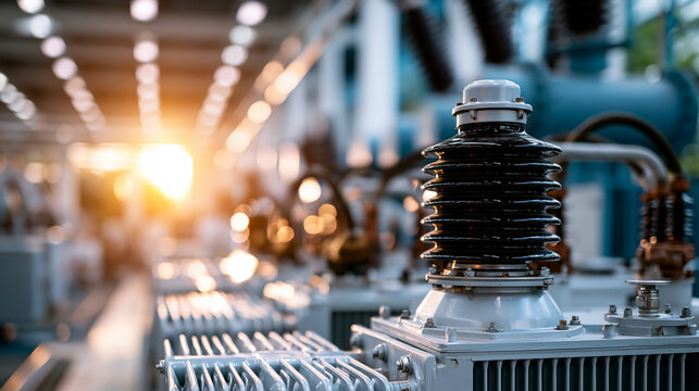 Electric high power station with powerful large transformers cooling radiators and heavy busbars bright midday light clean industrial detail high power station transformer