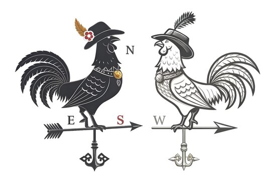 Two detailed rooster weather vanes featuring contrasting black and white plumage wearing stylish hats with feathers standing proudly on directional arrow indicators with cardinal points displayed on a