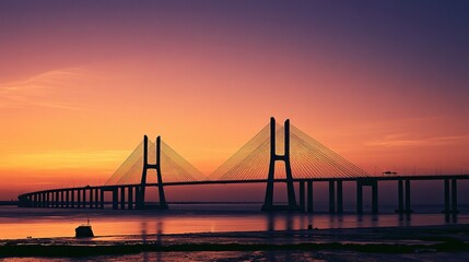 Obraz premium Suspension bridge sunset silhouette orange purple