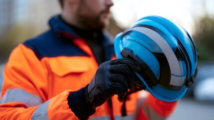 Fototapeta premium A person in a bright orange safety jacket holds a blue helmet with black and white stripes