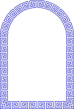 Greek decorative arch window or door frame with geometric meander borders and Mediterranean ornament. Modern blue and white vector illustration