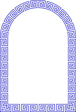 Greek decorative arch window or door frame with geometric meander borders and Mediterranean ornament. Modern blue and white vector illustration