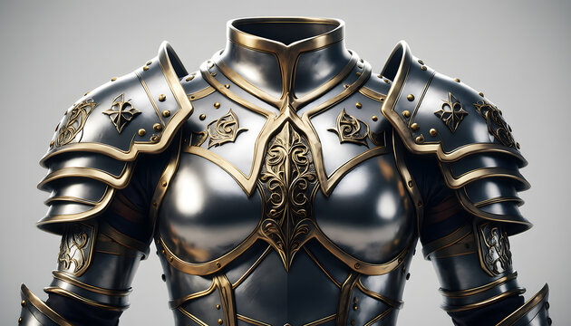 Cinematic close-up of ornate fantasy plate armor with intricate gold engravings and polished silver steel