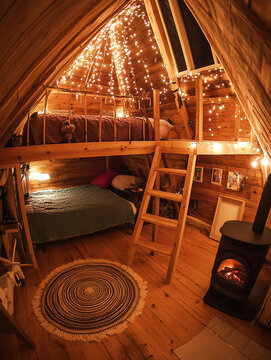 Cozy two-level wooden loft bedroom with warm fairy lights. Rustic bunk bed interior featuring plush bedding and bohemian decor for small spaces.