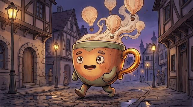 Happy walking coffee cup character in a whimsical medieval village