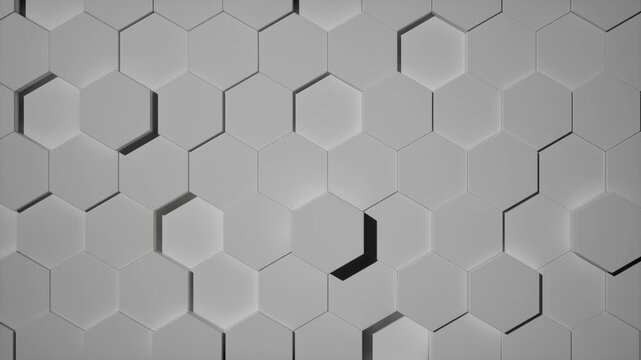 CGI of 3D hexagonal grid patterns in white and grey. Camera explores the honeycomb surface at various angles, ideal for tech or corporate backgrounds. Rendered in Unreal Engine.