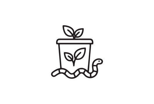 Minimalist garden worm and plant pot icon, black line art of earthworm with seedling, organic farming and vermicompost vector illustration