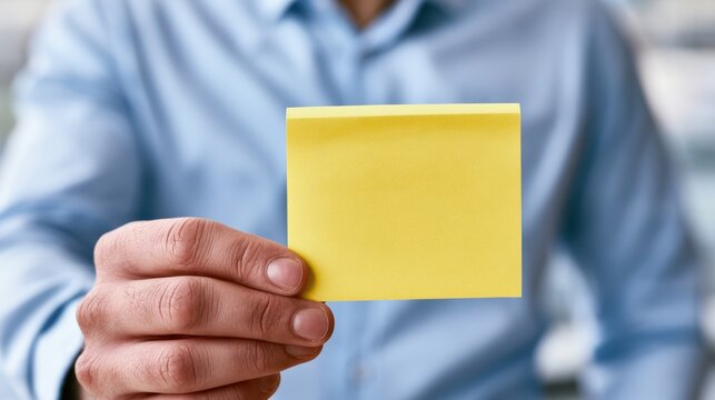 Close-up hand holding blank yellow sticky note for message idea concept against blurred business office background
