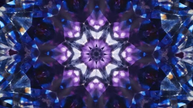 Abstract blue kaleidoscope pattern with sparkling crystal stars