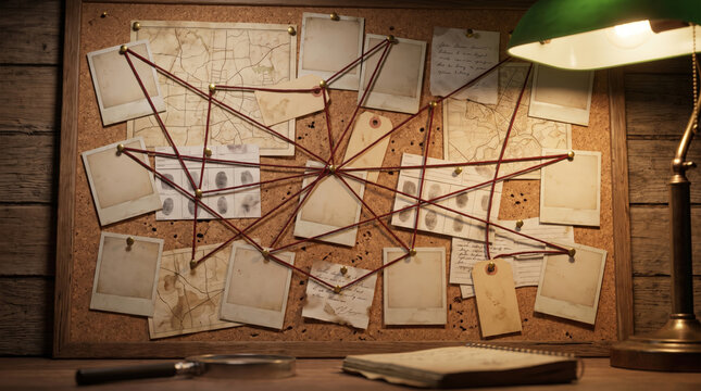 Detective evidence board with red string and maps in a dim office
