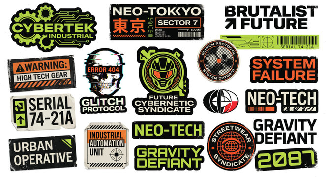 A collection of futuristic stickers and labels with a cyberpunk theme on a white background