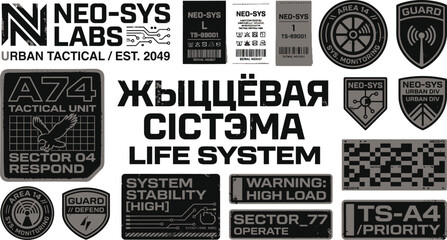 Obraz premium A collection of futuristic tactical stickers and labels with a cyberpunk theme on a white background