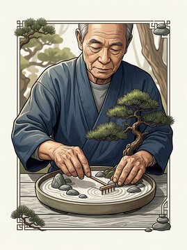Senior man creating a miniature zen garden with a bonsai tree