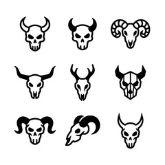 Obraz premium Set of Various Black and White Horned Skull Icons for Design Projects.