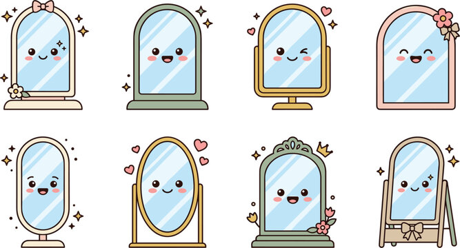 Set of cute cartoon mirror characters with happy faces, sparkling decorative aesthetic vanity mirror collection