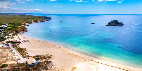 Aerial view of Martinhal beach in Sagres in the municipality of Vila do Bispo, Algarve, Portugal © monticellllo