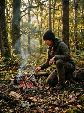 Woman kneeling by a campfire in a sunlit autumn forest