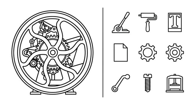 Vintage Printing Press Machinery and Industrial Tools Icon Set