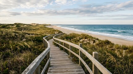 Fototapeta premium Wooden Boardwalk Path Through Coastal Dunes to a Serene Beach.