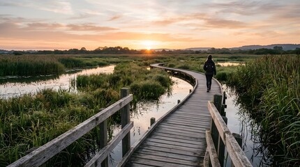 Obraz premium Wooden Boardwalk Winding Through Lush Wetlands at Sunset.