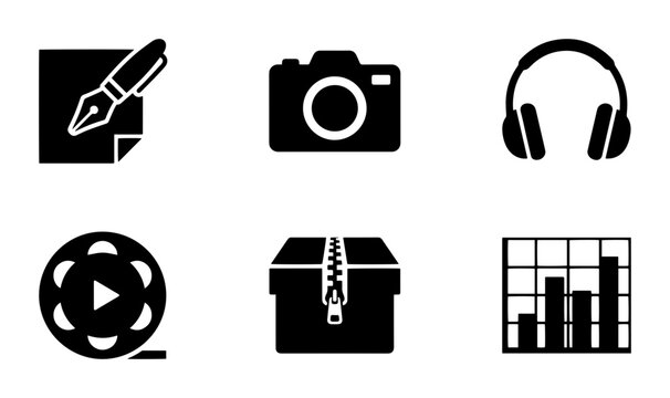 Creative Media Icons Set: Pen, Camera, Headphones, Film Reel, Zip File, Graph