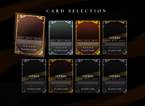Fantasy card selection interface with collectible trading cards, rarity system, locked slots, and highlighted active card. Perfect UI template for RPG, TCG, CCG, deck builder UI