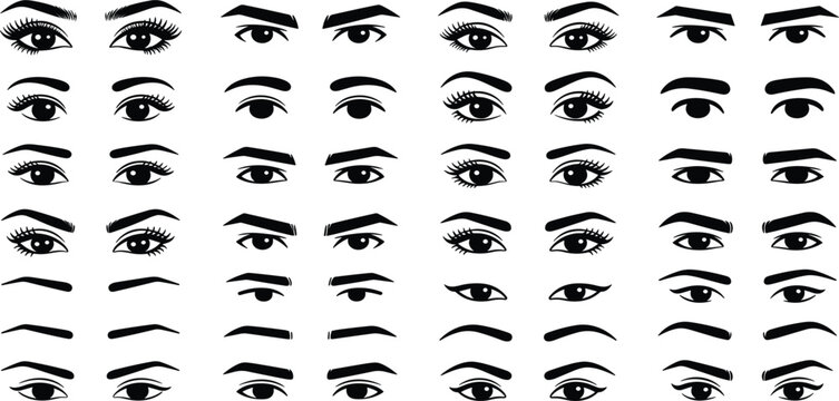 Professional Eye and Eyebrow Shapes Vector Set Featuring Black Silhouette Eyelashes and Brows for Beauty Salon Branding Makeup Guides and Cosmetic Illustrations