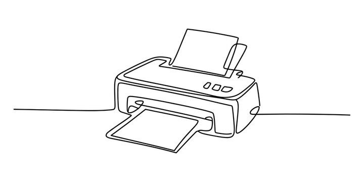 Continuous single line drawing of an office printer with paper document output isolated on a white background for business concept Vector, illustration