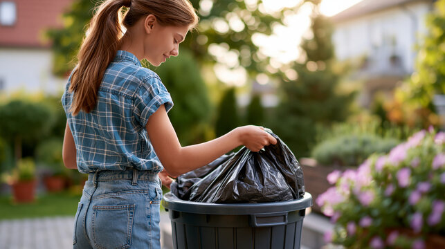 Teenage girl seen from behind putting a plastic garbage bag into an outdoor trash can bright suburban yard tidy surroundings teenage girl garbage bag trash can chores